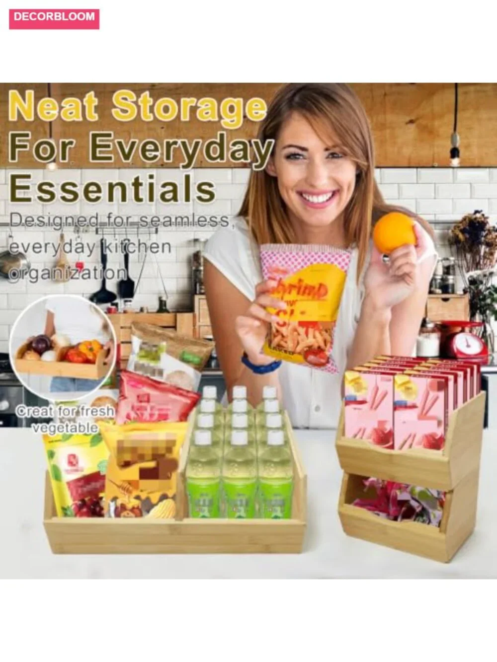 Bamboo Stackable Pantry Storage Bins with Handles, Set of 3